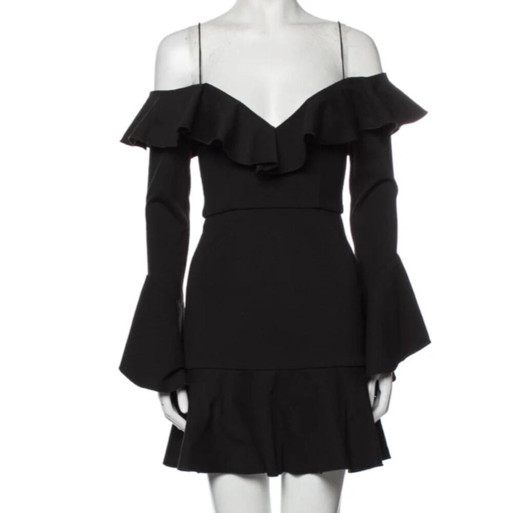 n/nicholas Black Flare Sleeve Mini Dress 4 Cocktail Ruffle Sweetheart Neckline